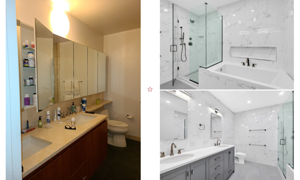 Before and After images of a previously dark, outdated bathroom that's now updated with gray cabinets, white marble walls, and separate tub and shower.