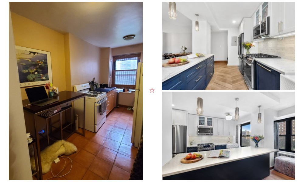 Before and After images of a previously dark, outdated, small kitchen. Now updated with blue cabinets, stone countertops, wood floors and modern lighting.