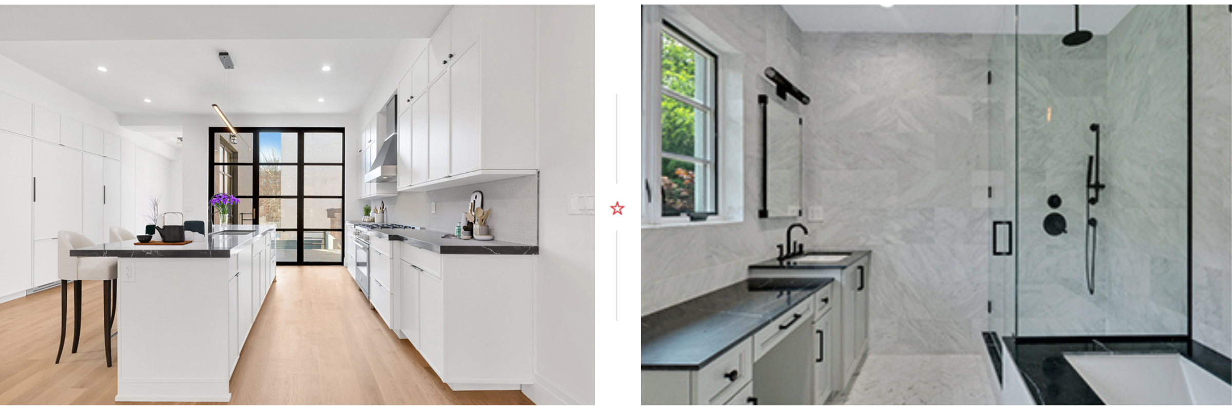 A kitchen remodel with wood floors and island on the left and a bathroom remodel with built-in bath and standing shower on the right.
