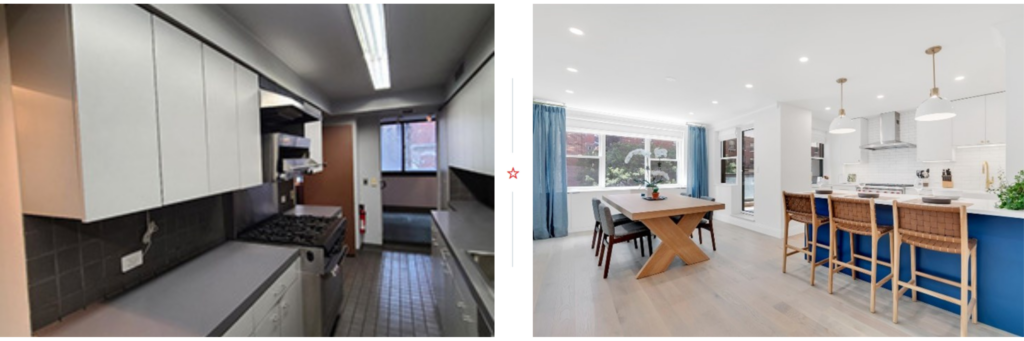 Before and after of the kitchen of Yorkville's gut renovation