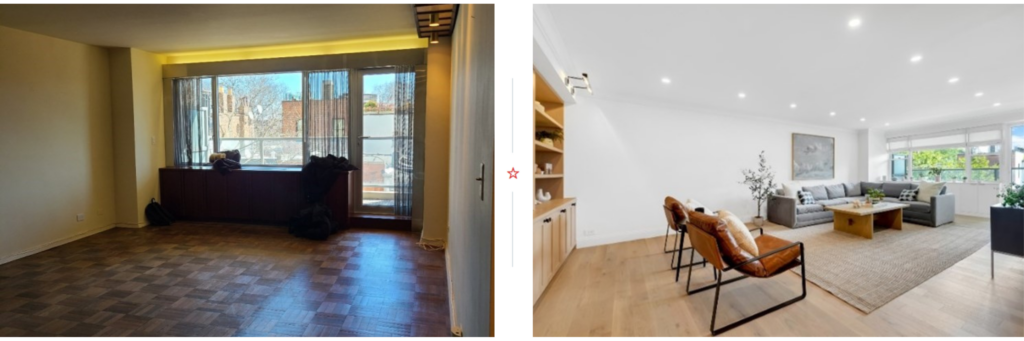 Before and after of the living room of Yorkville's gut renovation