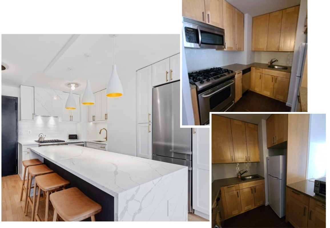 Before and after of a kitchen remodel. Before kitchen has outdated wood cabinetry and dark floors. After kitchen is light and bright with large island