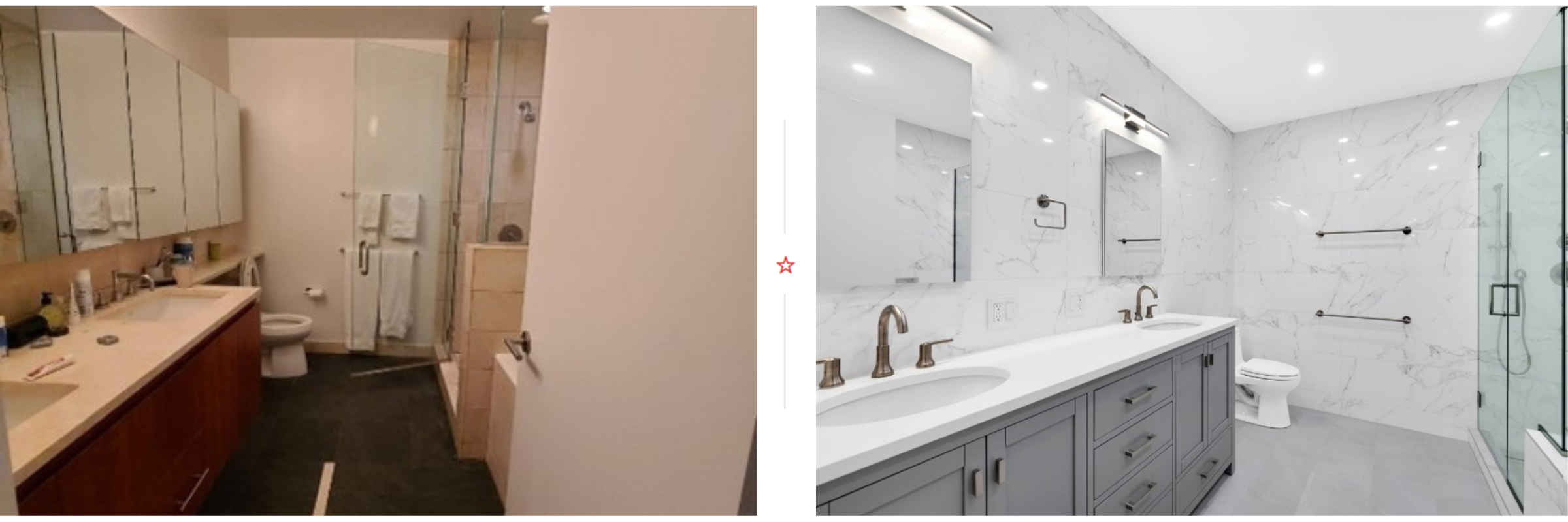 A before and after of the bathroom. The before image shows dark flooring and  old, outdated furnishings. The after photo shows the updated light and bright bathroom with whites and silvers.