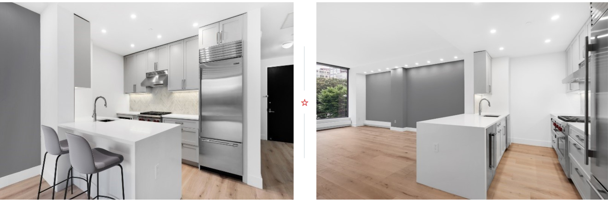 Two pictures of the Greenwich Village kitchen after the remodel. Hardwood floors, stainless steel appliances, large island with light countertops and two stools.