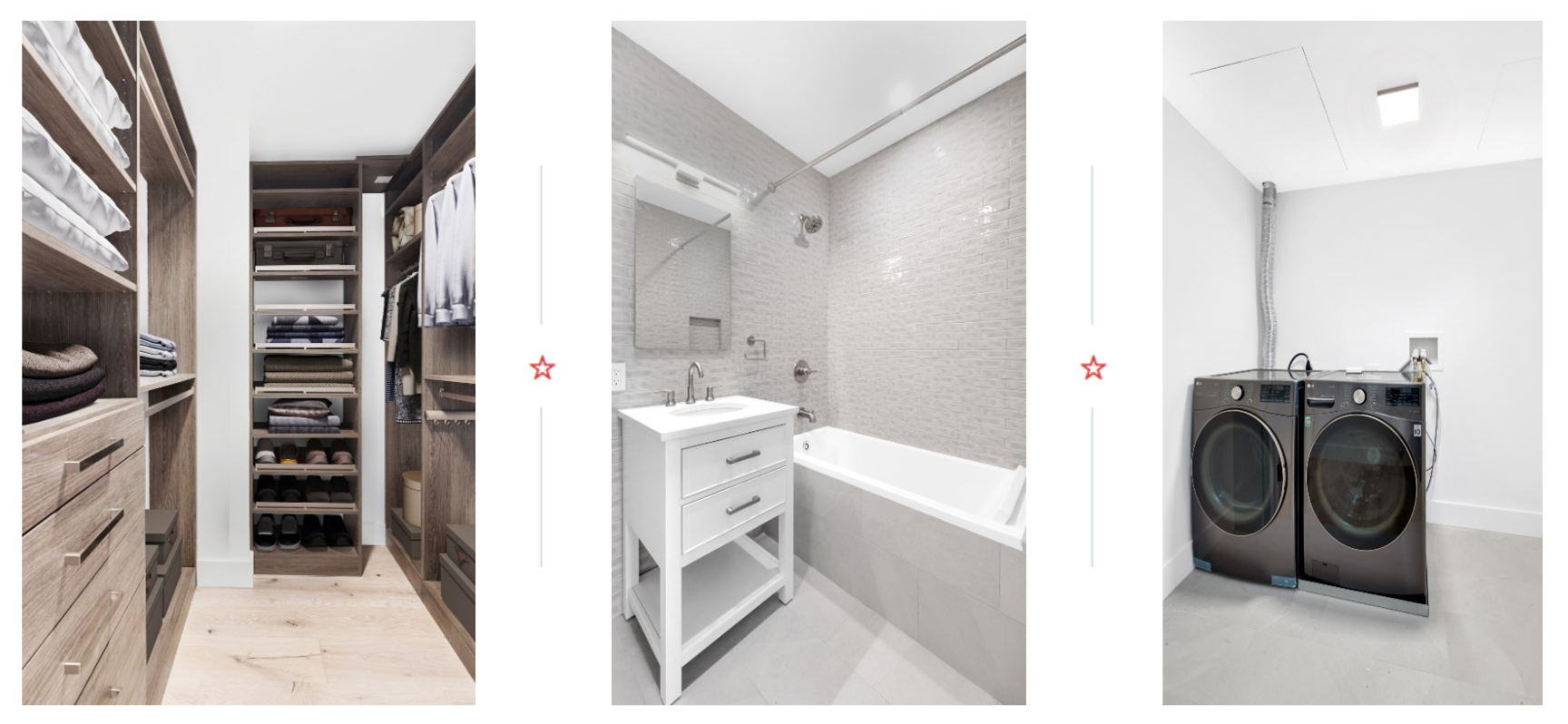 Three images of the project to include a laundry room, remodeled closet with organizer, and bathroom.